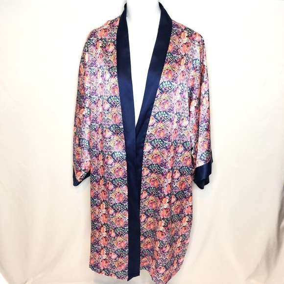 Victorias Secret Floral Satin Robe Size M/L Short Kimono *NO BELT* Pink Navy - Picture 1 of 7